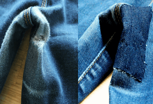 дънки преди и след шиене на лепенка