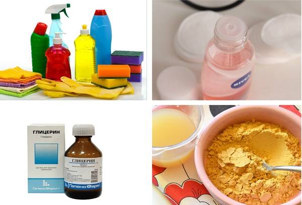 dishwashing jelly, mustard powder, makeup remover and glycerin