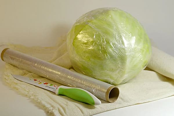 Head of cabbage in cling film